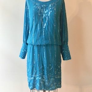 Dubai Beaded Turquoise Long-Sleeved Dress
